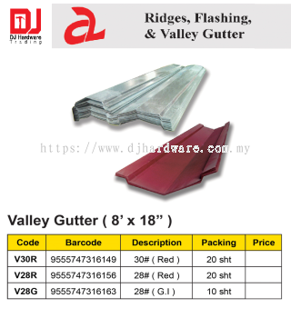 RIDGES FLASHING & VALLEY GUTTER VALLEY GUTTER 8 X 18 RED 30 V30R 9555747316149 (CL)