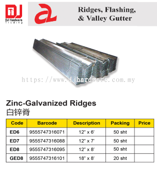 RIDGES FLASHING & VALLEY GUTTER ZINC GALVANIZED REDGES ED7 9555747316088 (CL)