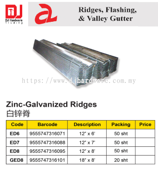 RIDGES FLASHING & VALLEY GUTTER ZINC GALVANIZED REDGES ED8 9555747316095 (CL)