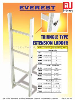 EVEREST TRIANGLE TYPE EXTENSION LADDER ALUMINIUM DOUBLE EXTENTION DE8 9555747306249 (CL)