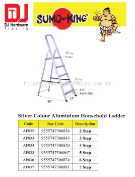 SUMO KING SILVER COLOUR ALUMINIUM HOUSEHOLD LADDER AF033 3 STEP 9555747306843 (CL)