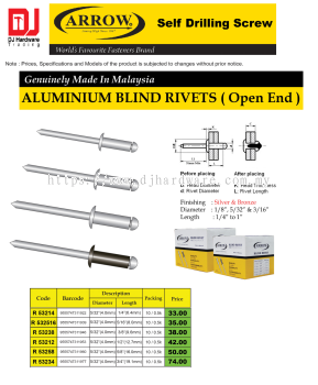 ARROW WORLDS FAVOURITE FASTENERS BRAND ALUMINIUM BLIND RIVETS OPEN END SILVER BRONZE R53212 9555747311953 (CL)