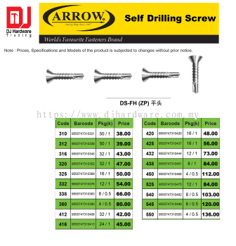 ARROW WORLDS FAVOURITE FASTENERS BRAND SELF DRILLING SCREW FLAT HEAD DSFH ZP 310 9555747310321 (CL)