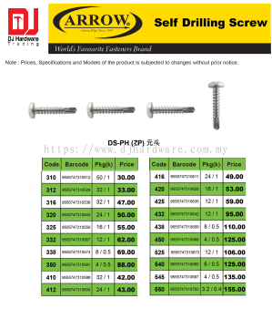 ARROW WORLDS FAVOURITE FASTENERS BRAND SELF DRILLING SCREW ROUND HEAD DSPH ZP 310 9555747310512 (CL)