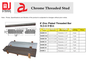 CHROME THRESDED STUD 6 ZINC PLATED THREADED BAR BARC1 (CL)