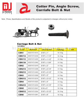 COTTER PIN ANGLE SCREW CARRIAFE BOLT NUT CARRIAGE BOLT NUT CBN1 9555747314015 (CL)