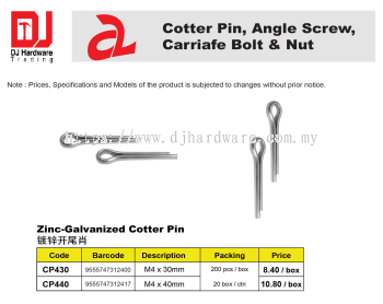 COTTER PIN ANGLE SCREW CARRIAFE BOLT NUT ZINC GALVANIZED COTTER PIN CP430 M4 X 30MM  9555747312400 (CL)