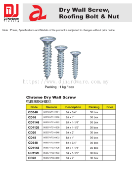 DRY WALL SCREW ROOFING BOLT NUT CHROME DRY WALL SCREW (CL)