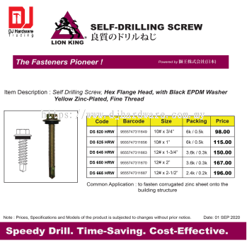 LION KING SELF DRILLING SCREW HEX FLANGE HEAD BLACK EPDM WASHER YELLOW ZINC PLATED FINE THREAD DS650HRW  9555747311670 (CL)