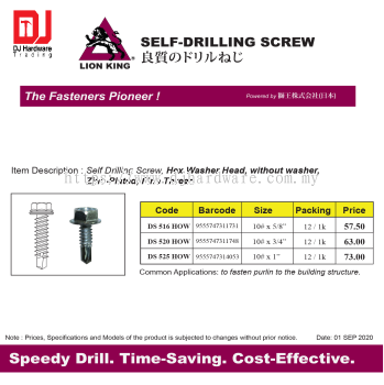 LION KING SELF DRILLING SCREW HEX WASHER HEAD WITHOUT WASHER ZINC PLATED FINE THREAD DS520HOW 9555747311748 (CL)