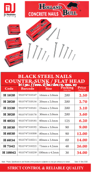 HOLLAND BULL CONCRETE NAILS BLACK STEEL NAILS COUNTER SUNK FLAT HEAD H6030 60MM X 3MM 9555747310208 (CL)