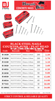 HOLLAND BULL CONCRETE NAILS BLACK STEEL NAILS COUNTER SUNK FLAT HEAD H10042 100MM X 4.2MM 9555747310239 (CL)