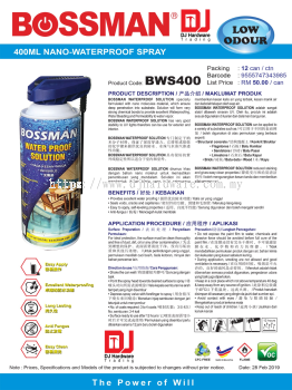 BOSSMAN NANO WATERPROOF SPRAY LOW ODOUR BWS400 9555747343985 (CL)