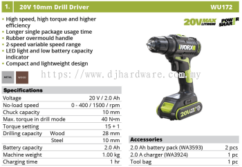 WORX 20V 10MM DRILL DRIVER WU172 (WO)