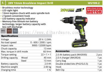 WORX 20V 13MM BRUSHLESS IMPACT DRILL WU189.2 (WO)