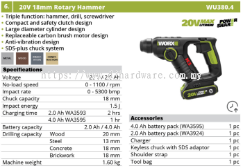 WORX 20V 18MM ROTARY HAMMER WU380.4 (WO)