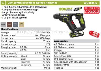 WORX 20V 20MM BRUSH LESS ROTARY HAMMER WU380S.5 (WO)