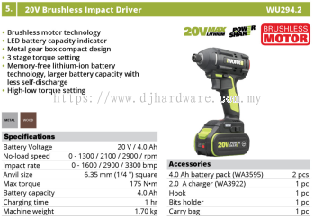 WORX 20V BRUSHLESS IMPACT DRIVER WU294.2 (WO)