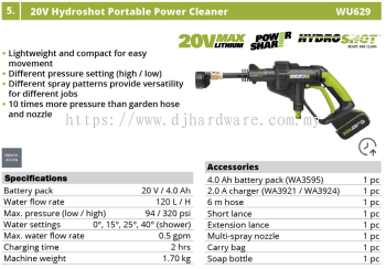 WORX 20V HYDROSHOT PORTABLE POWER CLEANER WU629 (WO)