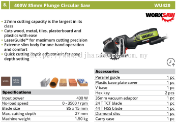 WORX 400W 85MM PLUNGE CIRCULAR SAW WU420 (WO)