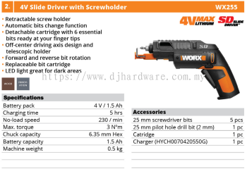 WORX 4V SLIDE DRIVER WITH SCREWHOLDER WX255 (WO)