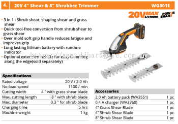 WORX 20V 4'' SHEAR & 8'' SHRUBBER TRIMMER WG801E (WO)