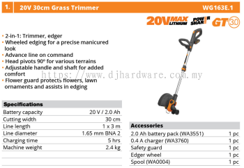 WORX 20V 30CM GRASS TRIMMER WG163E.1 (WO)