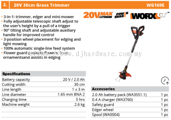 WORX 20V 30CM GRASS TRIMMER WG169E (WO)