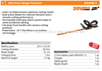 WORX 20V 61CM HEDGE TRIMMER WG260E.5 (WO)