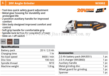 WORX 20V ANGLE GRINDER WX802 (WO)