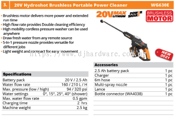 WORX 20V HYDROSHOT BRUSHLESS PORTABLE POWER CLEANER WG630E (WO)