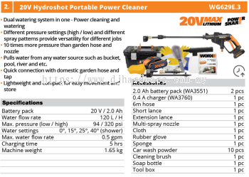 WORX 20V HYDROSHOT PORTABLE POWER CLEANER WG629E.3 (WO)