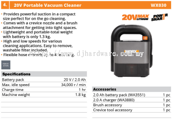 WORX 20V PORTABLE VACUUM CLEANER WX030 (WO)