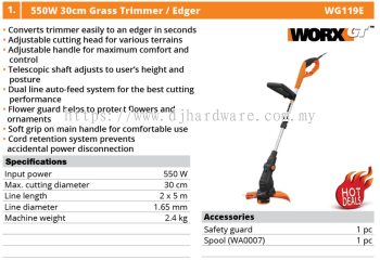 WORX 550W 30CM GRASS TRIMMER EDGER WG119E (WO)