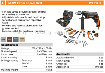 WORX 600W 13MM IMPACT DRILL WX317.3 (WO)