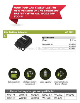 WORX 20V BATTERY ADAPTER WA4600 (WO)