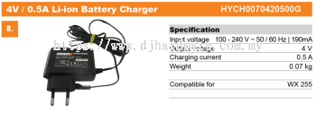 WORX BATTERIES & CHARGERS 4V 0.5A LI-ION BATTERY CHARGER HYCH0070420500G (WO)