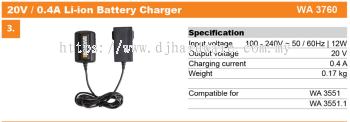 WORX BATTERIES & CHARGERS 20V 0.4A LI-ION BATTERY CHARGER WA3760 (WO)