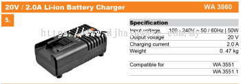 WORX BATTERIES & CHARGERS 20V 2.0A LI-ION BATTERY CHARGER WA3860 (WO)