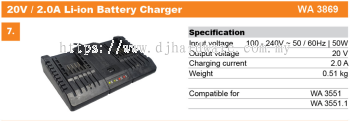 WORX BATTERIES & CHARGERS 20V 2.0A LI-ION BATTERY CHARGER WA3869 (WO)