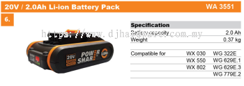 WORX BATTERIES & CHARGERS 20V 2.0AH LI-ION BATTERY PACK WA3551 (WO)