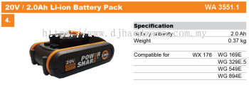 WORX BATTERIES & CHARGERS 20V 2.0AH LI-ION BATTERY PACK WA3551.1 (WO)