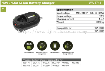 WORX BATTERIES & CHARGERS LATEST 12V 1.5A LI-ION BATTERY CHARGER WA3713 (WO)