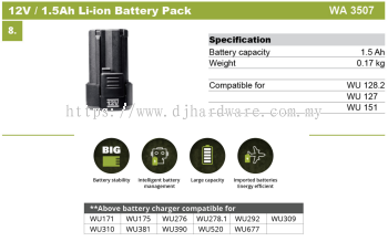 WORX BATTERIES & CHARGERS LATEST 12V 1.5AH LI-ION BATTERY PACK WA3507 (WO)