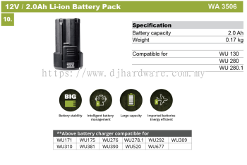 WORX BATTERIES & CHARGERS LATEST 12V 2.0AH LI-ION BATTERY PACK WA3506 (WO)