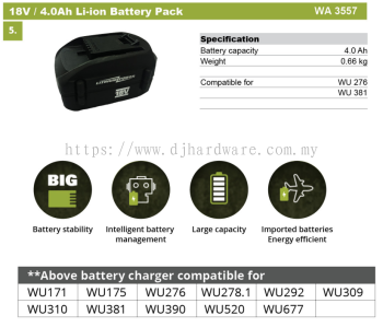 WORX BATTERIES & CHARGERS LATEST 18V 4.0AH LI-ION BATTERY PACK WA3557 (WO)