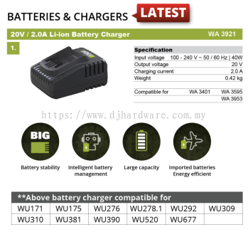 WORX BATTERIES & CHARGERS LATEST 20V 2.0A LI-ION BATTERY CHARGER WA3921 (WO)