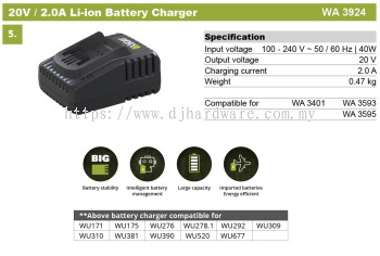 WORX BATTERIES & CHARGERS LATEST 20V 2.0A LI-ION BATTERY CHARGER WA3924 (WO)