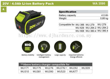 WORX BATTERIES & CHARGERS LATEST 20V 4.0AH LI-ION BATTERY PACK WA3595 (WO)