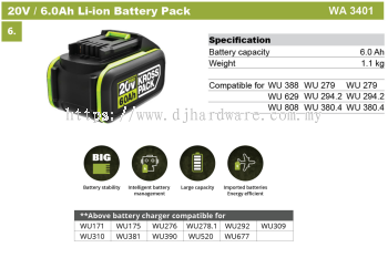 WORX BATTERIES & CHARGERS LATEST 20V 6.0AH LI-ION BATTERY PACK WA3401 (WO)